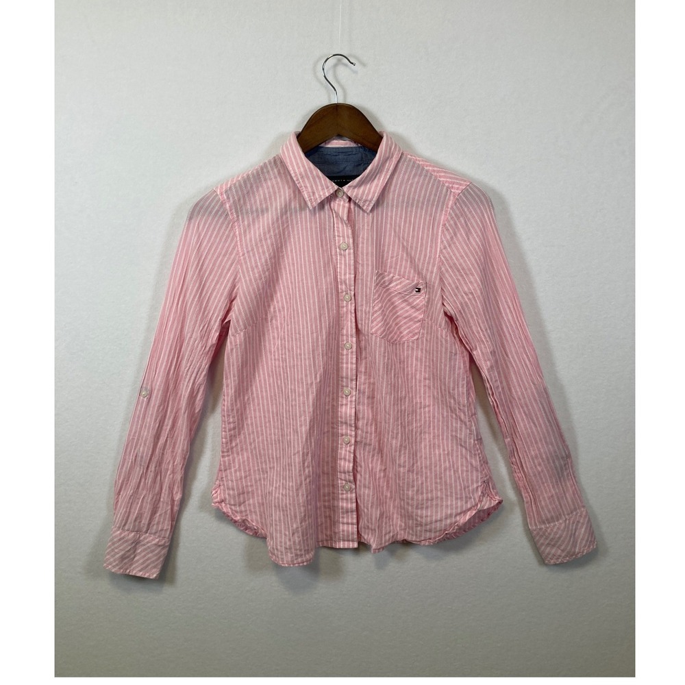 Tommy‎ Hilfiger Women Striped Pink Button Down Shirt Roll Tab Sleeve Small